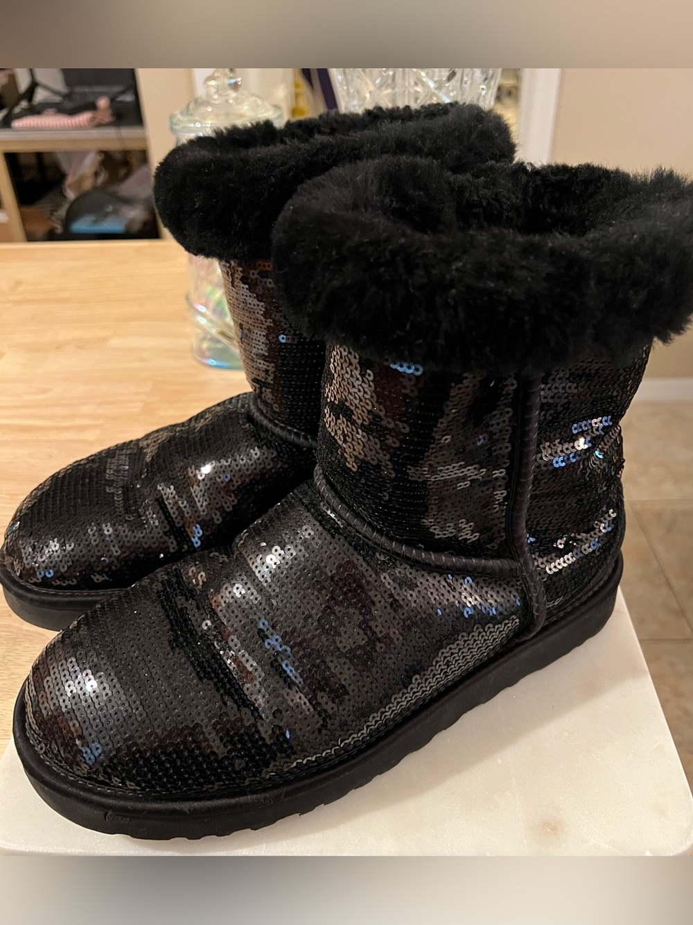 UGG Black Sequin Short Shearling Booties, size 10